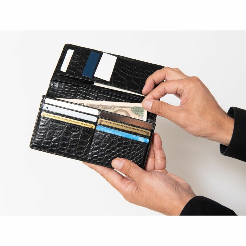 メンズ マットクロコ長束入れ裏面クロコブラック7