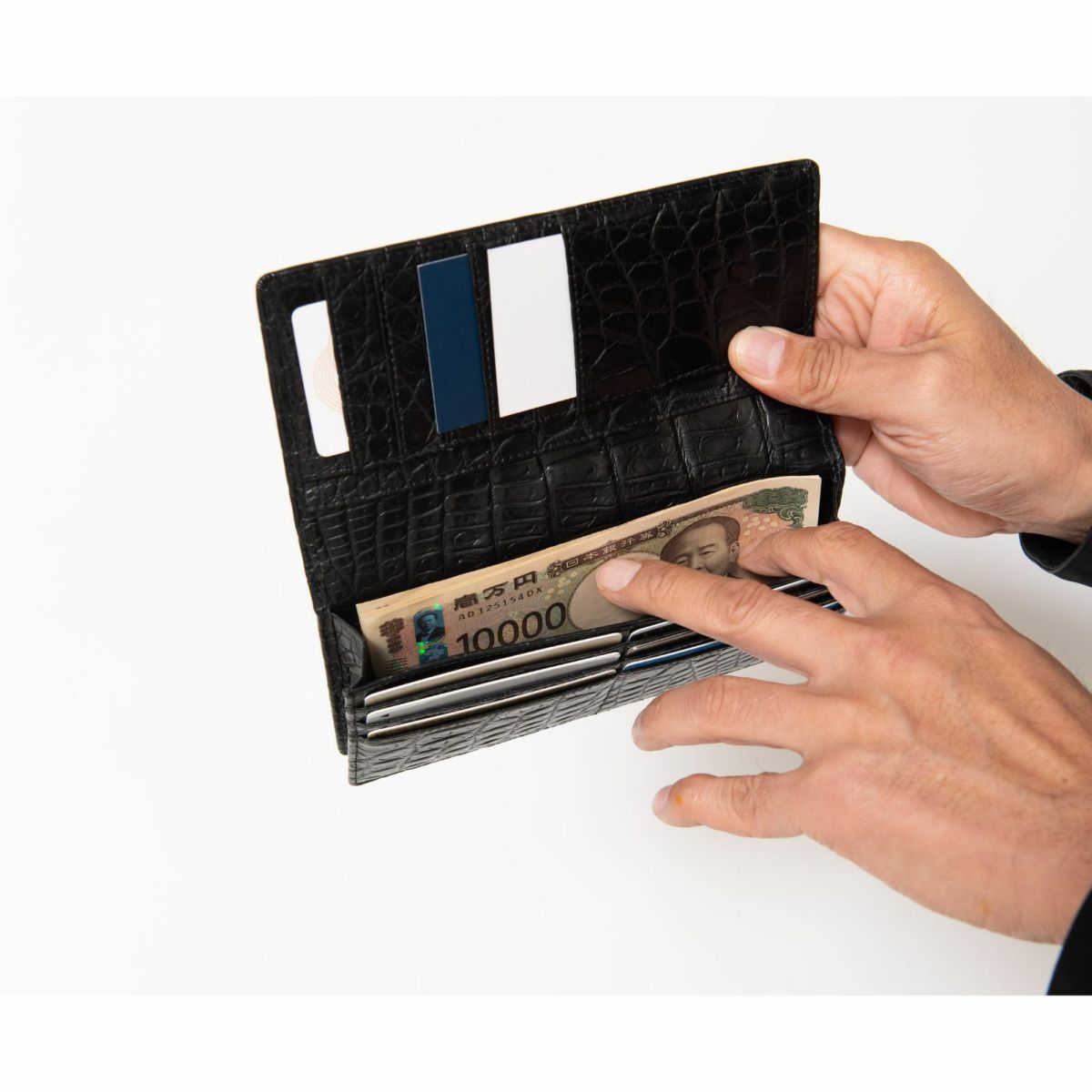 メンズ マットクロコ長束入れ裏面クロコブラック8