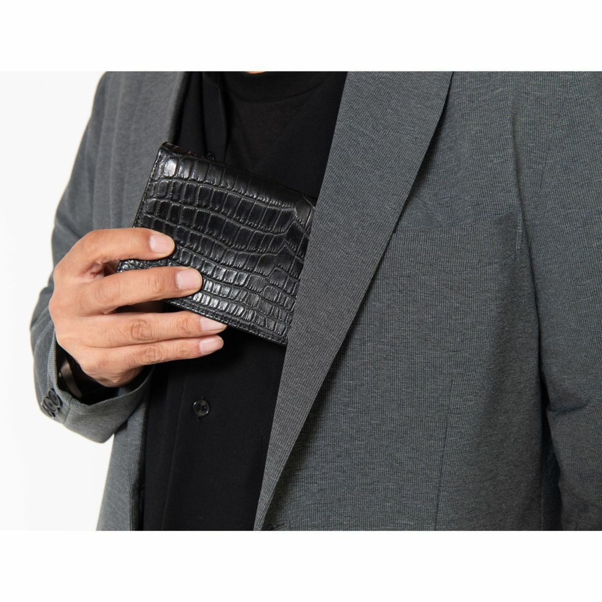 メンズ マットクロコ長束入れ裏面クロコブラック10